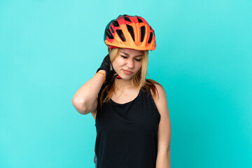 Young cyclist girl over isolated blue background with neckache