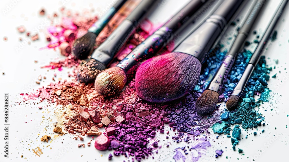 Aufkleber close-up of several makeup brushes with colorful eyeshadow and blush powder on a white background. g