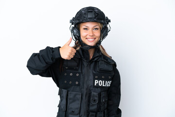 SWAT Russian woman isolated on white background giving a thumbs up gesture