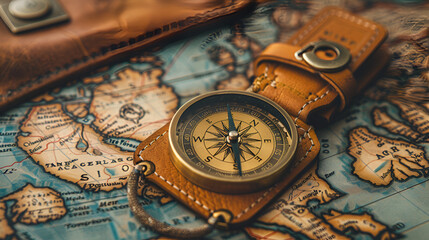 Magnetic compass and location marking with a pin on routes on world map. Adventure, discovery, navigation, communication, logistics  logistics, geography, transport and travel theme, Generative Ai
