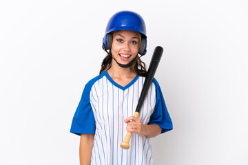 Baseball Russian girl player with helmet and bat isolated on white background with surprise facial expression