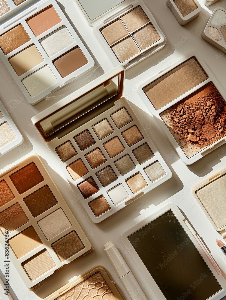Poster a variety of eyeshadow, contour, and highlighter palettes with warm tones arranged on a light backgr