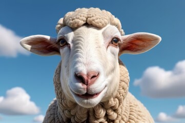 A sheep look with a smiling expression in the sky background.
