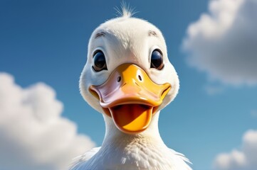 A duck look with a smiling expression in the sky background.