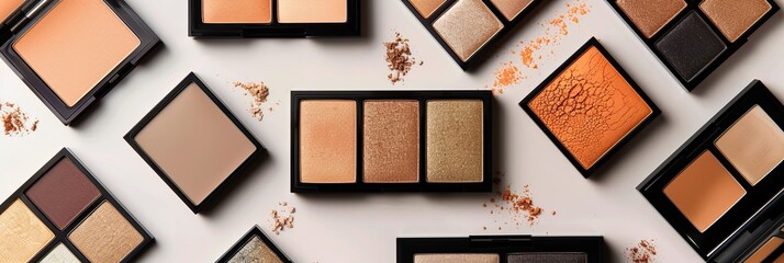 Fototapeta premium A collection of makeup palettes featuring contouring and highlighting shades arranged on a white background. Generative AI