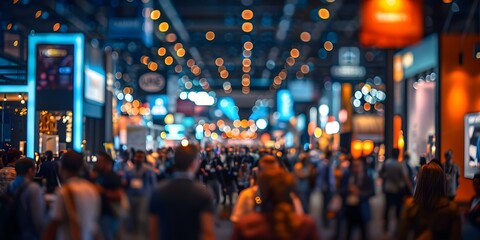 Busy tech conference hall filled with people bustling around. Concept Tech Conference, Crowded Venue, Networking, Industry Professionals, Eventful Atmosphere