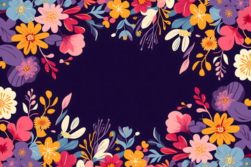 Mexican pattern, beautiful ethnic ornament. Frame made of colorful flowers. Floral abstract border on black background. Mexican traditional folk art pattern. Cinco de Mayo. Template with copy space fo
