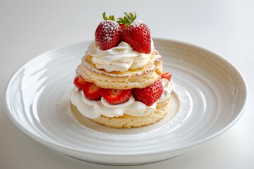 Delicious Strawberry Shortcake with Whipped Cream - Classic Dessert on White Plate