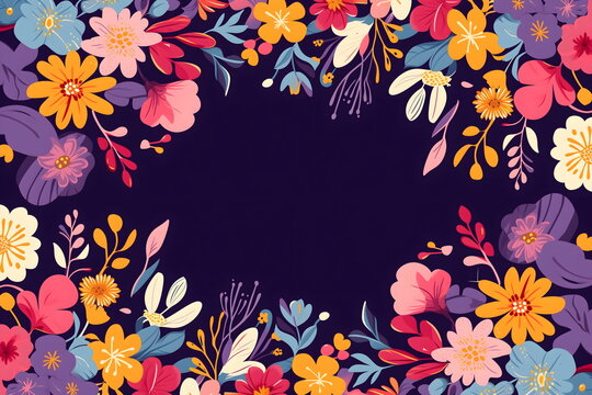 Mexican pattern, beautiful ethnic ornament. Frame made of colorful flowers. Floral abstract border on black background. Mexican traditional folk art pattern. Cinco de Mayo. Template with copy space fo