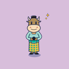 Vector Cartoon Icon Illustration of a Cute Cow wearing a sarong and skullcap.  Isolated Premium Vector Animal Nature Icon Concept.  Flat Cartoon Style.