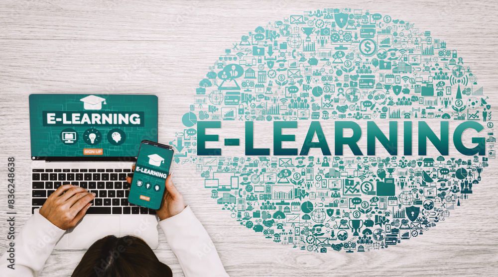 Poster e-learning and online education for student and university concept. graphic interface showing techno