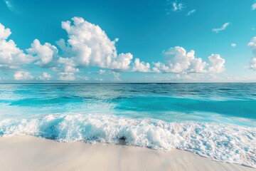 beautiful blue beach sea waves with shells and white sand, generative ai