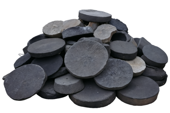 A detailed image of a stack of black slate stone slabs with a transparent, white background, in png format