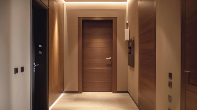 Brown wooden door in contemporary apartment interior. 