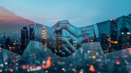 Double exposure of business handshake for successful and city night background