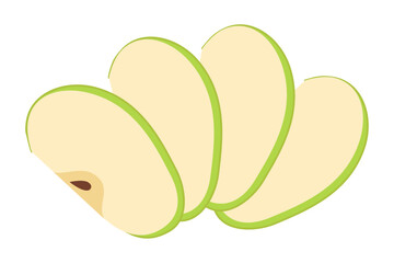 Fresh green apple slice icon. Healthy vegetarian snack, cut apple for design. Sliced on pieces apple. Hand drawn trendy flat style isolated Vector illustration