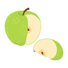 Cut apple with apple wedge cartoon set. Cross section of cut apple, slices fruit, Hand drawn trendy flat style isolated Vector illustration