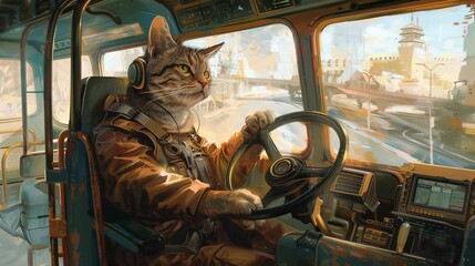 A cat driving a bus UHD wallpaper