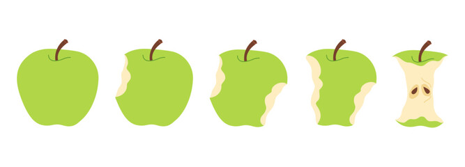 Apple eating steps cartoon icon set. Stages of biting green ripe apple from whole to half and core, bite progression cartoon set sequence animation of eaten fruit Trendy flat style vector illustration