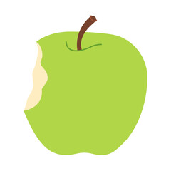 Green juicy bitten apple. Apple eaten cartoon image art. Hand drawn trendy flat style isolated. Healthy vegetarian snack, bitten apple for design, infographic. Vector illustration