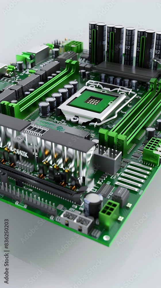 Poster energy efficient processor a 3d rendered computer chip with green accents designed for eco friendly 