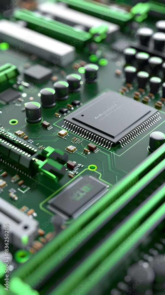 Poster a 3d rendered image of an energy efficient computer processor with green accents showcasing a modern