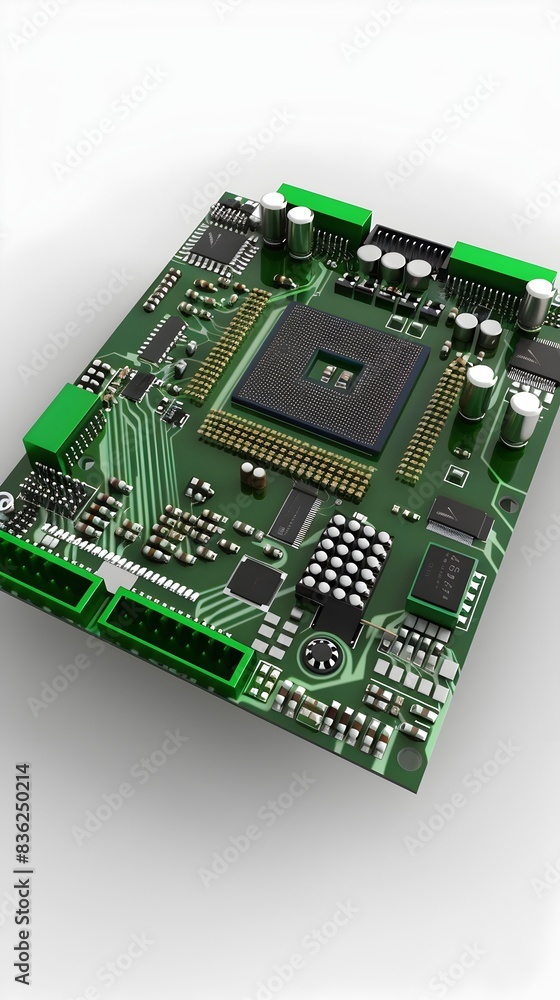 Poster A 3D rendered image of an energy efficient computer processor with green accents highlighting the use of sustainable and eco friendly technology in modern electronics and computing