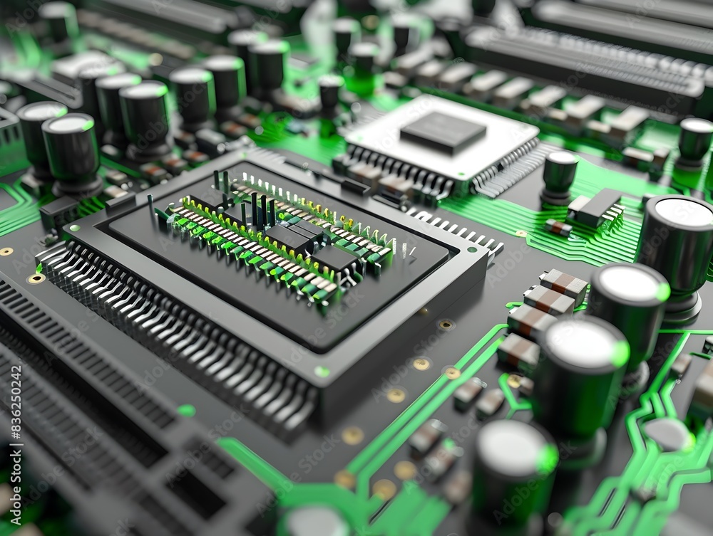 Poster closeup view of an energy efficient computer processor with green accents showcasing advanced semico