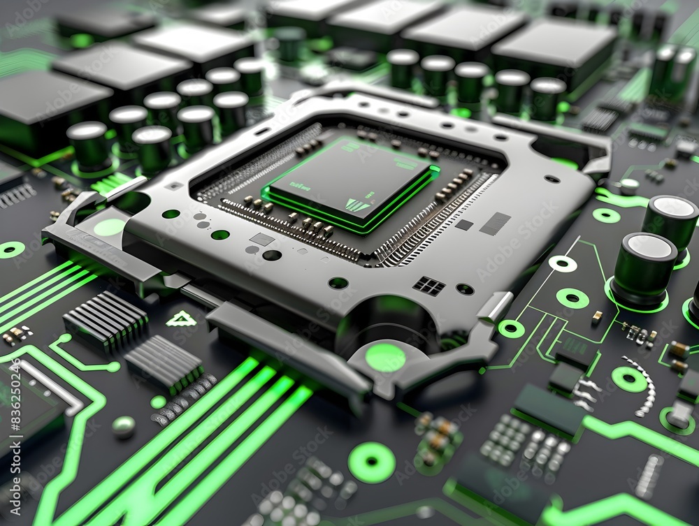Poster of an energy efficient computer processor featuring green accents and advanced technological design 