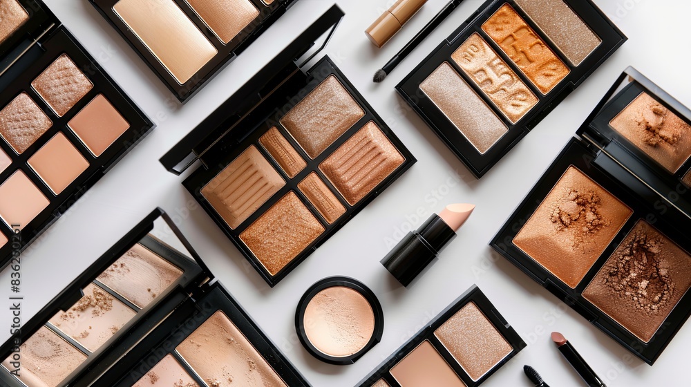 Poster closeup of various contouring palettes and highlighters arranged on a white background. generative a