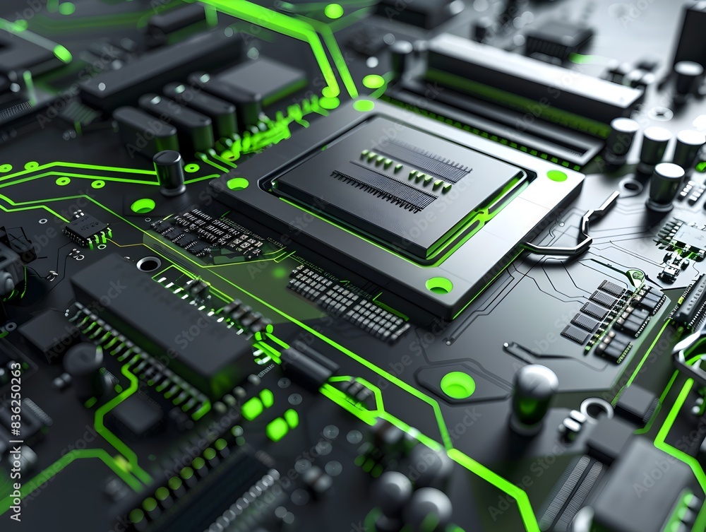Poster closeup view of an energy efficient computer processor with a green accented circuit board and futur