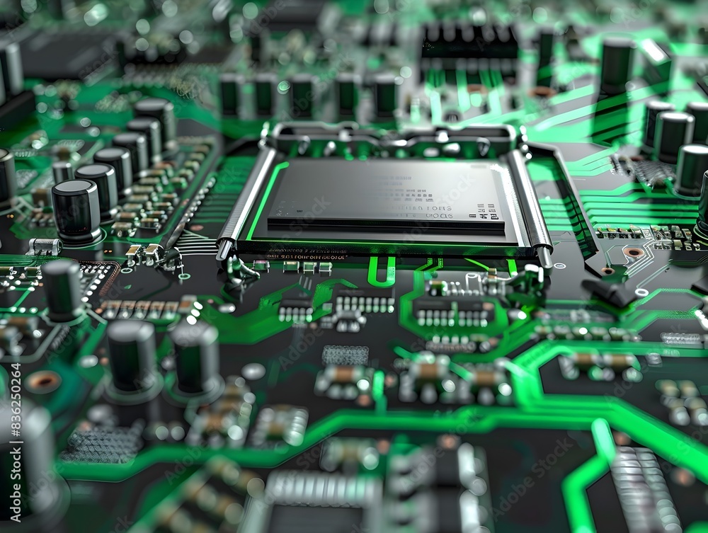 Poster energy efficient processor a computer chip with green accents and futuristic circuitry showcasing in