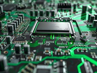 Energy Efficient Processor A Computer Chip with Green Accents and Futuristic Circuitry Showcasing Innovative Sustainable Technology and High Performance Digital Electronics