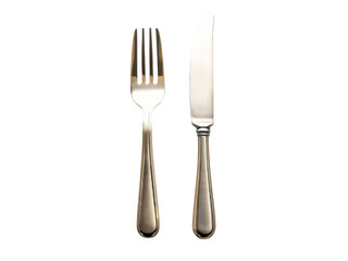 Shiny stainless steel knife and fork lie side-by-side on a white background