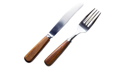 Fototapeta premium Shiny stainless steel knife and fork lie side-by-side on a white background