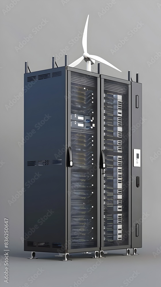 Poster 3d rendered wind energy server rack with turbine graphics for sustainable data center