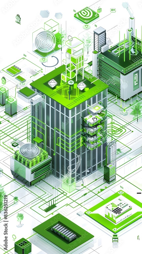 Poster futuristic green data center architectural layout with eco friendly elements