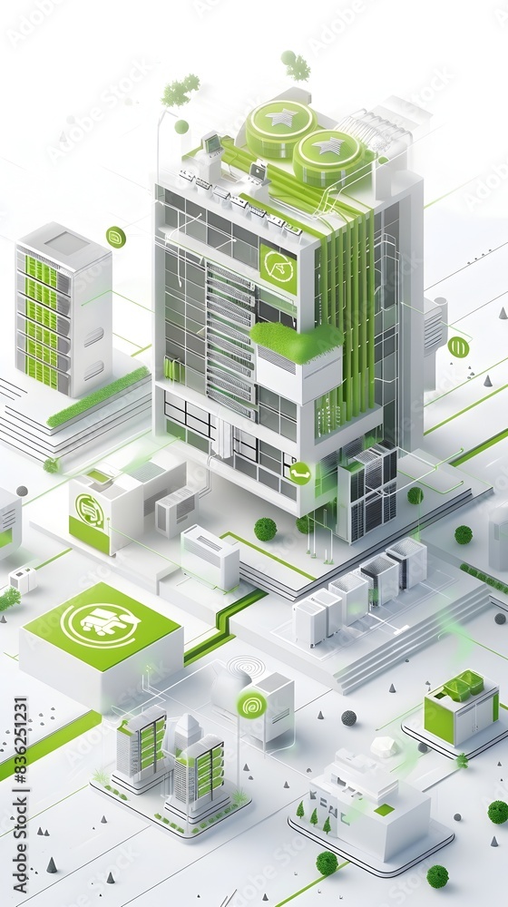Poster green data center architecture 2d of eco friendly digital infrastructure design