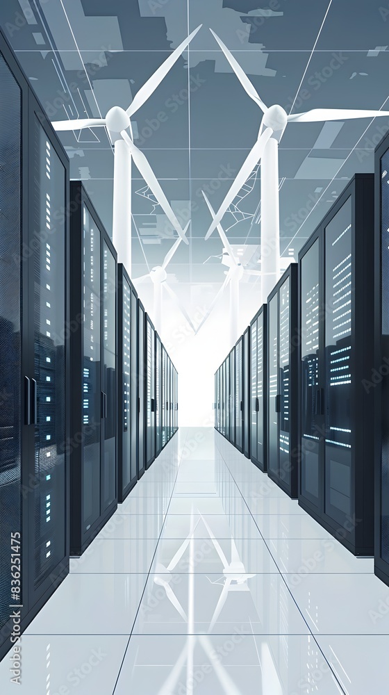 Poster futuristic wind powered data center with geometric architecture and server racks