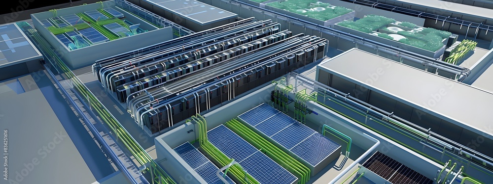 Poster efficient green data center cooling with renewable energy sources in 3d rendering