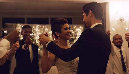 Night, dancing and couple with wedding reception for marriage, commitment or celebration. Ceremony, happiness and romantic man with woman bride for relationship, special event or milestone with guest