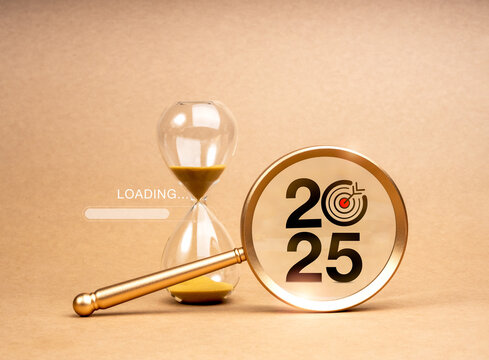 Loading to happy new year 2025, business banner background. 2025 number and target goal icon in magnifying glass lens near hourglass with loading bar isolated on eco brown background, minimal style.