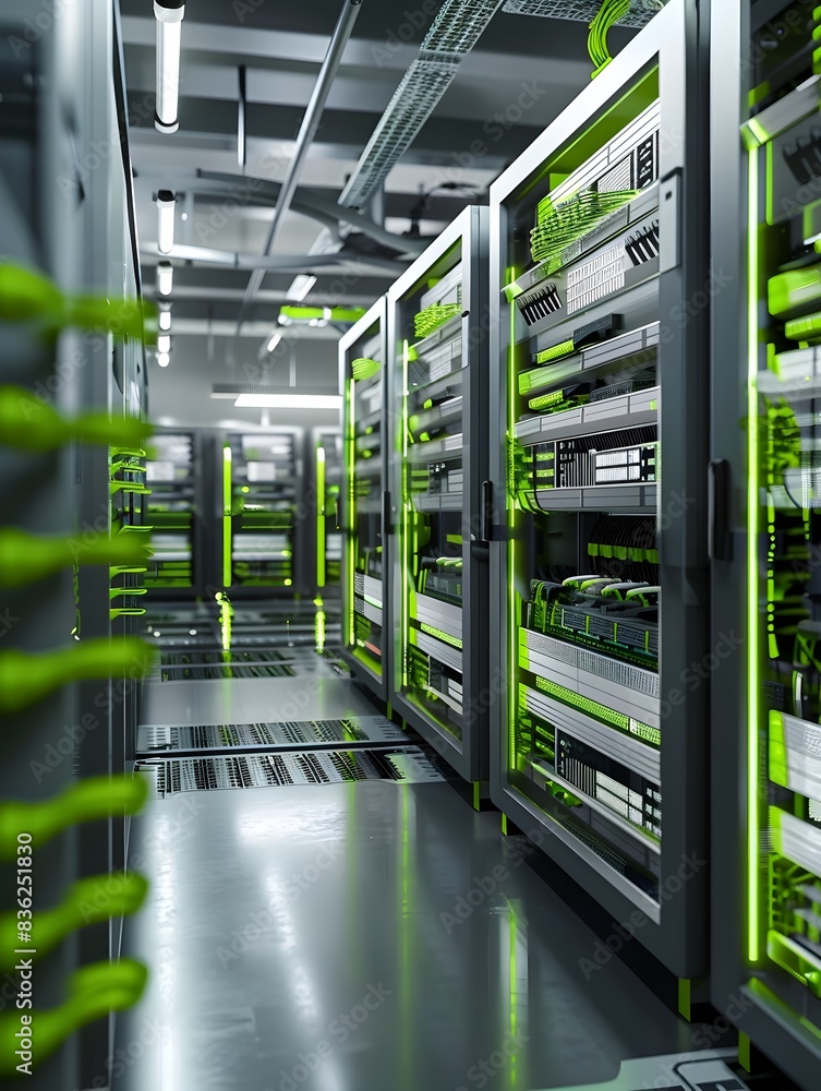 Poster sustainable it infrastructure a 3d rendered concept of an energy efficient data center with green