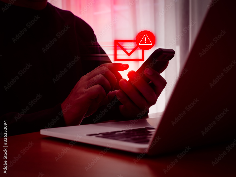 Poster sms spam and fake text message phishing from scammer concept. sms hacked warning alert, email random