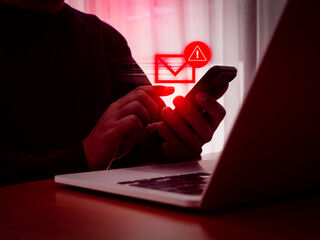 SMS spam and fake text message phishing from scammer concept. SMS hacked warning alert, Email...