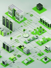 Energy Efficient 3D Rendered Data Center Diagram with Green Elements and Eco Friendly Icons