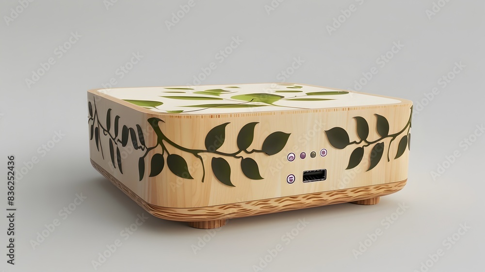 Poster eco friendly 3d rendered network router with leaf patterns for sustainable technology solutions
