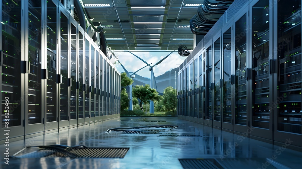 Poster futuristic wind powered data center with renewable energy servers and cloud computing