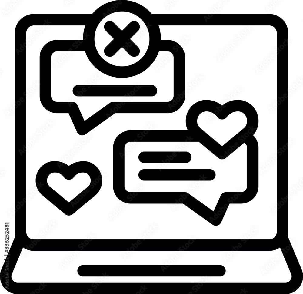 Poster Line art vector representing laptop with social media feedback icons like, dislike, and comments - Posters