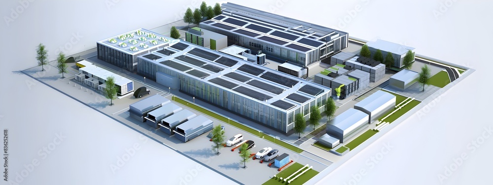 Poster sustainable data center layout 3d rendered design with green elements and renewable energy sources